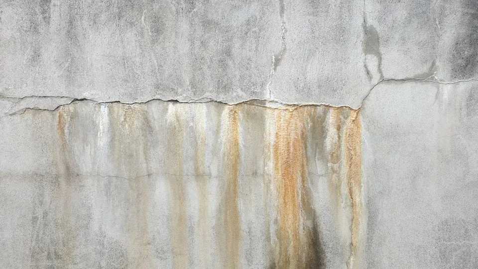 Parede de concreto com rachaduras e manchas de infiltração